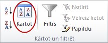 Kārtošanas komanda grupā Kārtot & Filtrs cilnē Dati programmā Excel