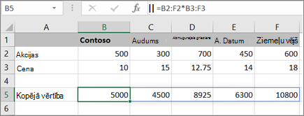 Masīva formulas piemērs, kas aprēķina vairākus rezultātus