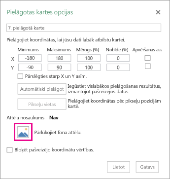Dialoglodziņš Pielāgotas kartes opcijas