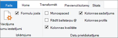 Datu profilēšanas opcijas Power Query redaktora lentes cilnē Skats