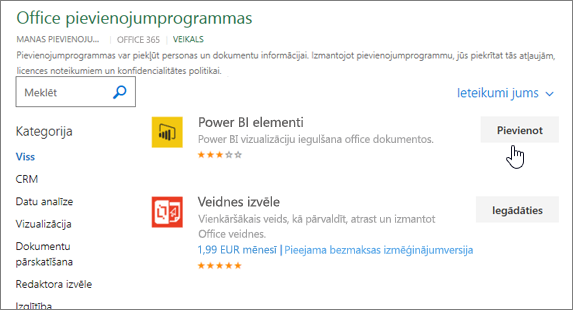 Ekrānuzņēmums ar Office pievienojumprogrammu lapu, kurā varat atlasīt vai meklēt Excel pievienojumprogrammu.