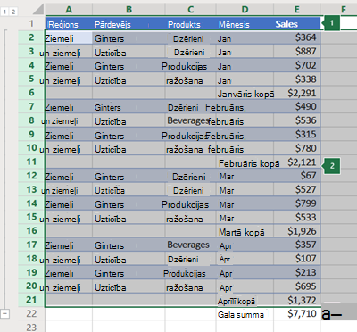 Rindu strukturējums programmā Excel Online