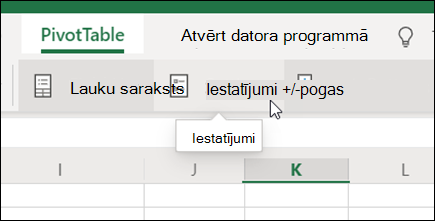 Poga Iestatījumi rakurstabulas cilnē programmā Excel tīmeklim