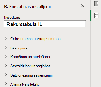 Rakurstabulas iestatījumu rūts programmā Excel tīmeklim