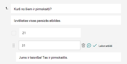 Pielāgots pareizās atbildes ziņojums programmā Microsoft Forms