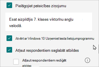 Viktorīnas iestatījumi atklās opciju atbildēm, kas raksturīgas viktorīnām: Atvērt ar Windows 10 Testa kārtošana