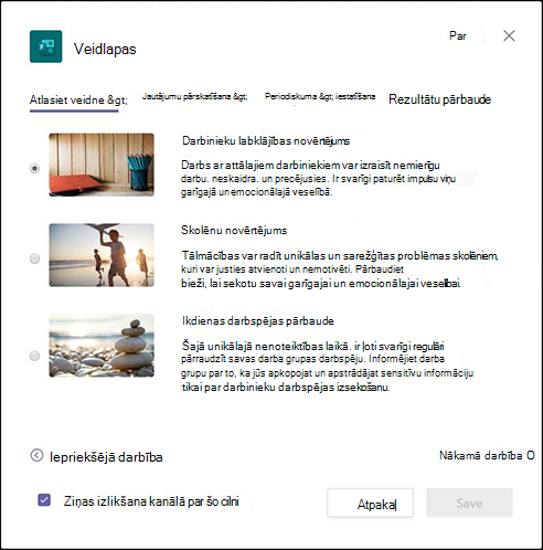 Teams dialoglodziņš Veidlapas, kurā ir aprakstīta darbinieku labsajūtas novērtēšanas veidne un darba sākšana ar darbplūsmas izveidi