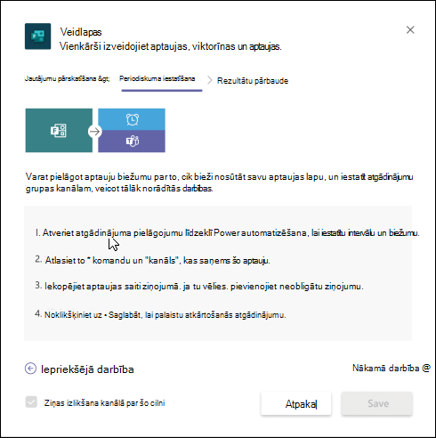Teams dialoglodziņš Veidlapas, kurā aprakstīts, kā izveidot automatizētu darbplūsmu savai aptaujai, izmantojot Power Automate.