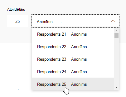 Ievadiet konkrētu numuru respondentu meklēšanas lodziņā, lai skatītu detalizētu informāciju par šīs personas atbildi programmā Microsoft Forms