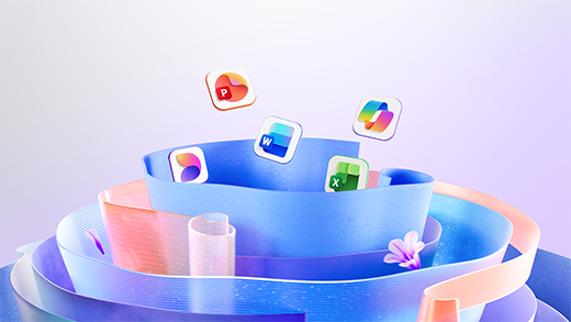 Abstrakts attēls ar Microsoft 365 Copilot, Excel, PowerPoint un Word ikonām