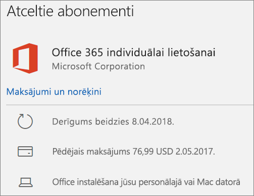 Tiek rādīts Office 365 abonements, kura derīguma termiņš ir beidzies