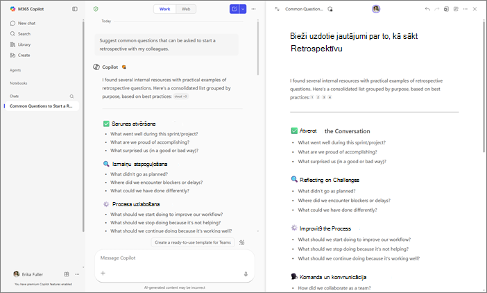 Skats līdzās Copilot Chat un Copilot lapām programmā Microsoft 365 Copilot.