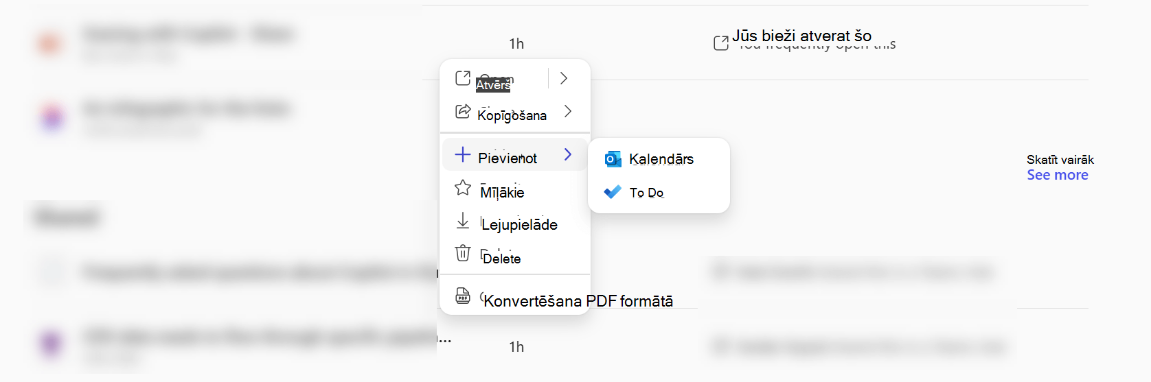 Kontekstizvēlne programmā Microsoft 365 Copilot, kurā parādīts, ka failu varat pievienot vai nu Calendar, vai To Do.