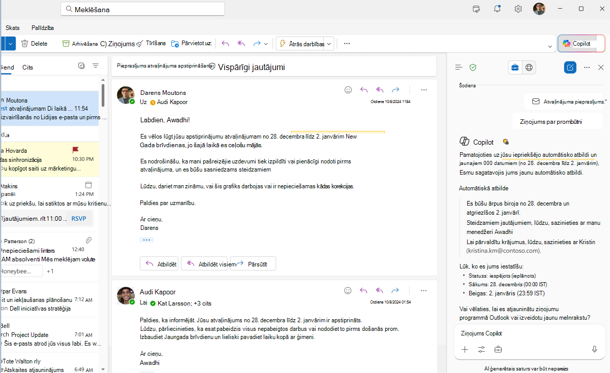 Ekrānuzņēmums ar Copilots atbildi, lai izveidotu automātisku atbildi programmā Copilot programmā Outlook