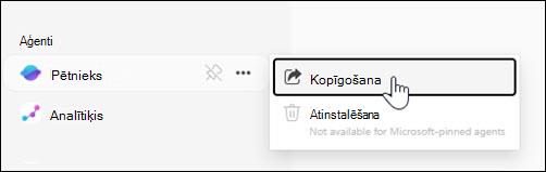 Ekrānuzņēmums, kurā redzama kreisās puses navigācijas iespēja koplietot aģentu.
