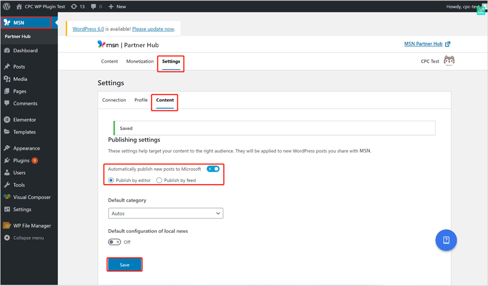 MSN WordPress spraudņa satura iestatījumi