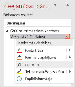 Problēmas nolaižamā izvēlne pieejamības pārbaudītājā, kur redzams saraksts Ieteicamās darbības un Citi ieteikumi