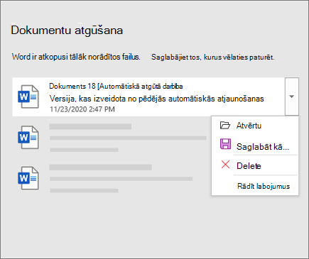 Automātiskās atkopšanas fails, kas norādīts dokumentu atkopšanas rūtī