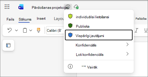 Nolaižamais jūtīguma etiķešu saraksts Office tīmeklī, izmantojot Word dokumentu kā piemēru un standarta etiķešu nosaukumus