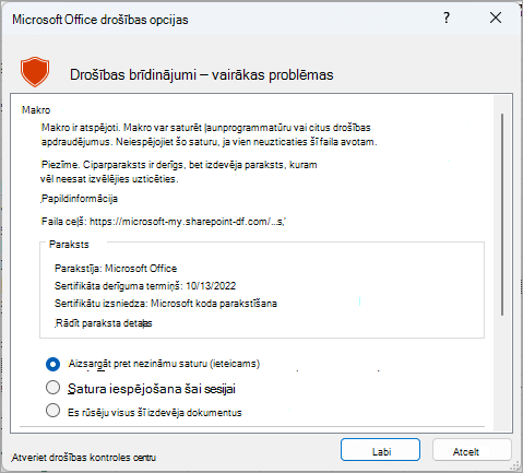 Drošības brīdinājuma dialoglodziņš no Microsoft Excel