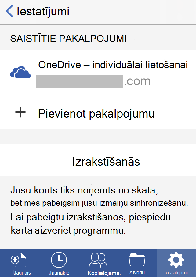 Parāda Office operētājsistēmai iOS izrakstīšanās opciju