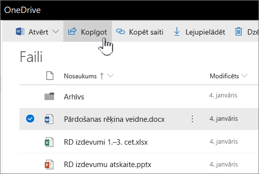 OneDrive ar atlasītu failu un nospiestu pogu Kopīgot