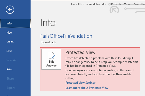 Aizsargātā skata Office failu validācijas kļūme Backstage