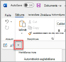 Ātrās piekļuves rīkjoslas atrašanās vieta zem lentes