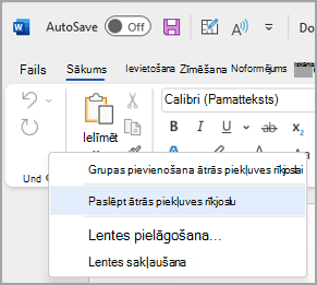 Attēls, kurā redzama opcijas paslēpt ātrās piekļuves rīkjoslu