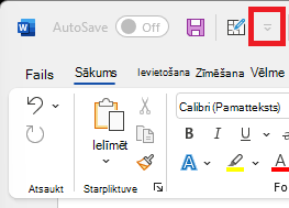 Attēls, kurā redzama ātrās piekļuves rīkjoslas ikona virs lentes