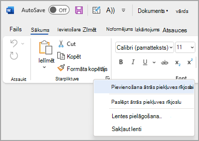 Attēls ar nolaižamo sarakstu, lai pielāgotu ātrās piekļuves rīkjoslu komandu pievienošanai
