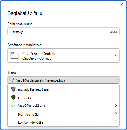 Ekrānuzņēmums ar dialoglodziņu Saglabāt, kurā jūtīguma josla ir izvērsta, lai parādītu jutīguma etiķetes opcijas.