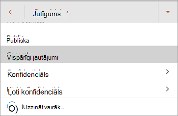 Ekrānuzņēmums ar jūtīguma etiķetēm Office darbam ar Android