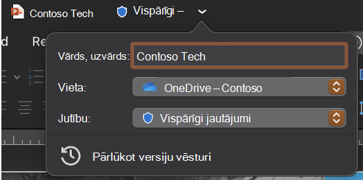Izvērsta virsrakstjoslas nolaižamā izvēlne, kurā redzams faila nosaukums, atrašanās vieta un sensitivitāte.