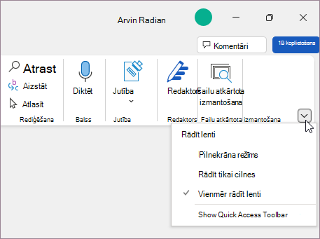 Lentes attēlojuma opciju izvēlne