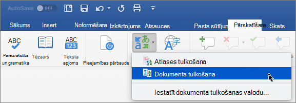 Cilne Pārskatīšana ar iezīmētu opciju Dokumenta tulkošana
