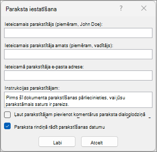 Dialoglodziņš Paraksta iestatīšana