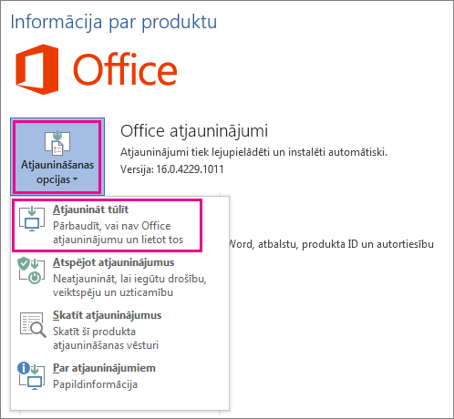Office atjauninājumu manuāla meklēšana programmā Word 2016