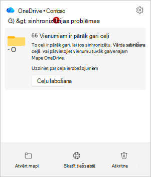 Ekrānuzņēmums, kurā redzams OneDrive darbību centrs ar opciju Labot ceļus.