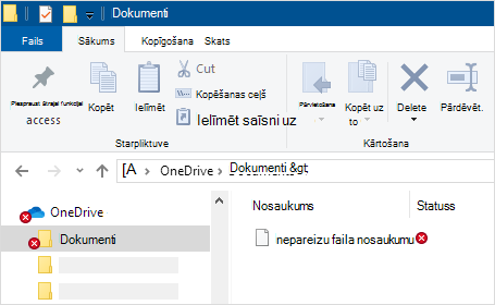Failu pārlūks, kurā redzama OneDrive sinhronizācija kļūda