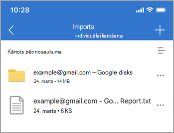 Importēšanas mape, kurā ir importētais konts un tā atskaite