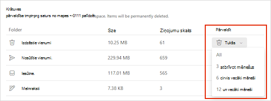 Outlook.com krātuves iestatījumi.