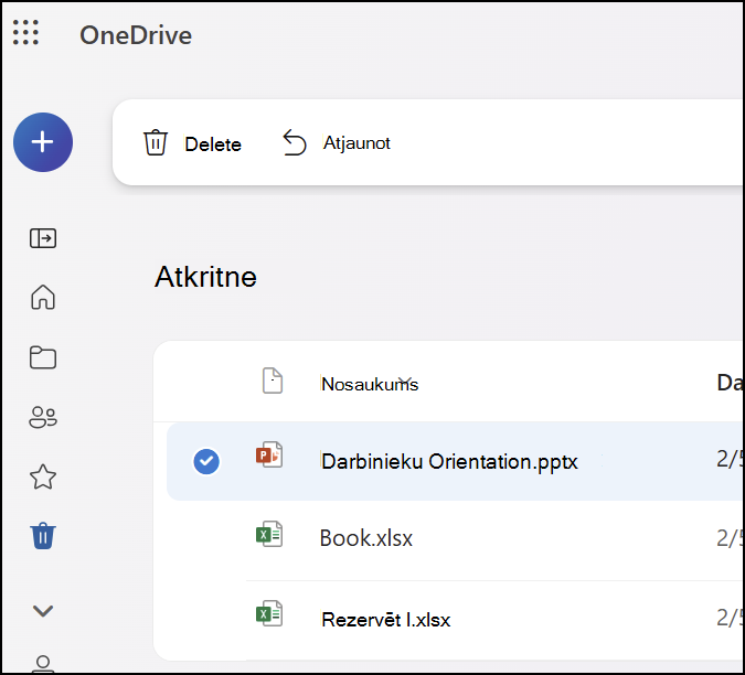 Ekrānuzņēmums, kurā redzama atkritnes cilne vietnē OneDrive.com.