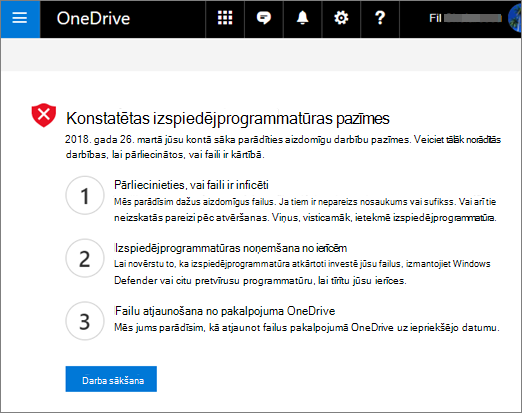 Ekrānuzņēmums ar OneDrive tīmekļa vietnē konstatēto izspiedējprogrammatūras pazīmju ekrānu