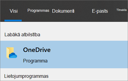 OneDrive datora lietojumprogrammas meklēšanas operētājsistēmā Windows 10 ekrānuzņēmums