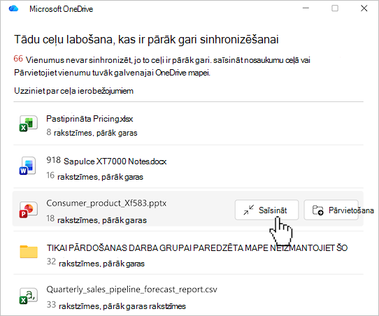 Ekrānuzņēmums, kurā redzams OneDrive failu ceļu saraksts.