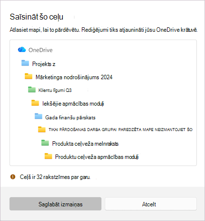 Ekrānuzņēmums, kurā redzams ziņojums par atlasītā faila nosaukuma saīsināšanu.