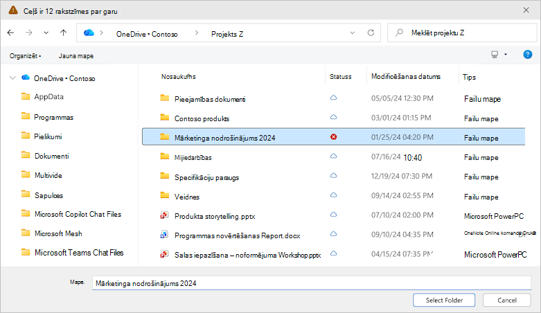 Ekrānuzņēmums, kurā redzams OneDrive mapes atlases dialoglodziņš.
