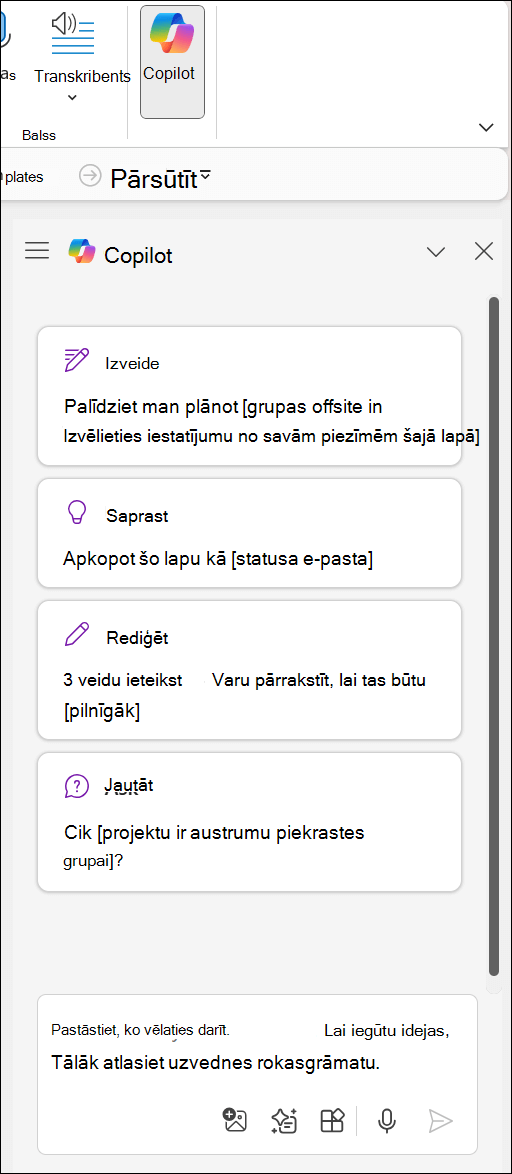 Copilot rūts programmā OneNote lapas labajā pusē.