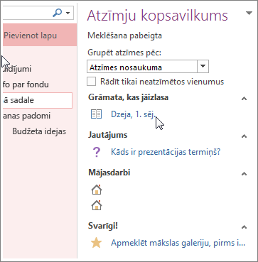 Piezīmju ar atzīmēm meklēšana rūtī Atzīmju kopsavilkums